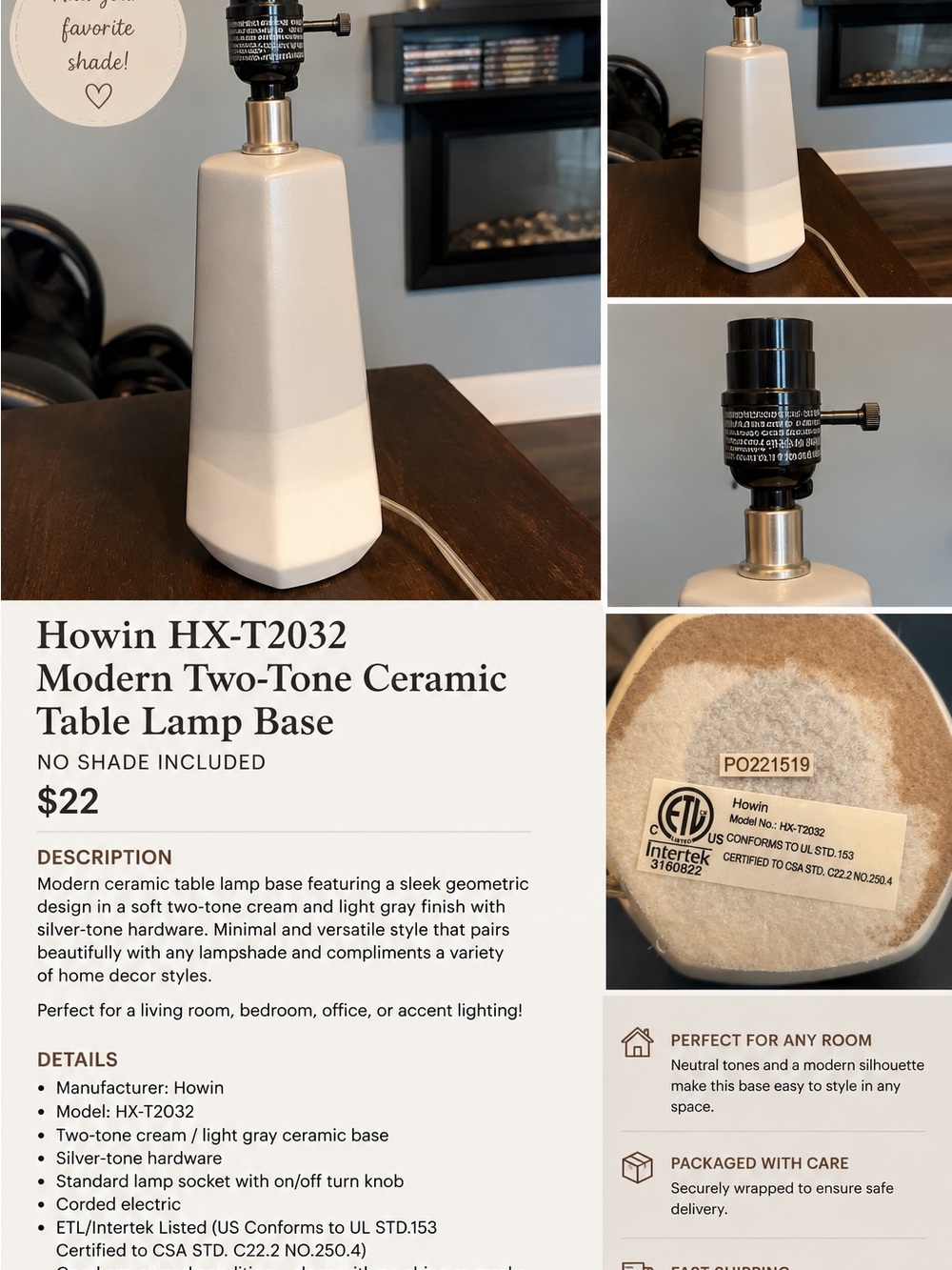 Howin Modern Two-Tone Ceramic Table Lamp Cream Gray HX-T2032